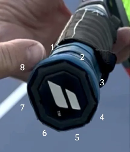 The butt cap of a real racquet with its eight bevels numbered one to eight