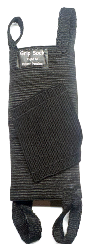 Front of the Grip Sock sleeve showing the built-in finger slot and the sizing label